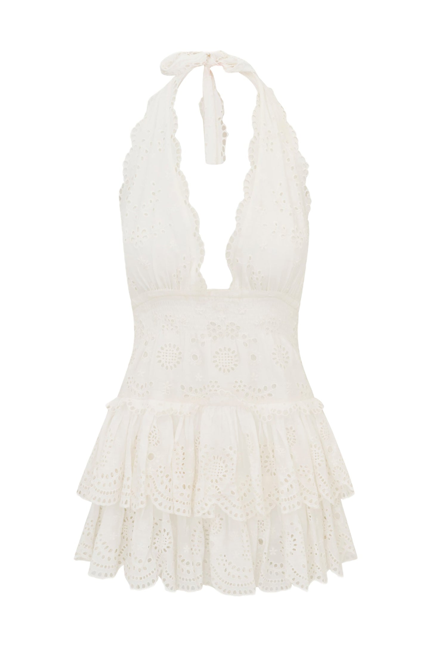 LOVESHACKFANCY Janea Eyelet Lace Mini Halter Dress