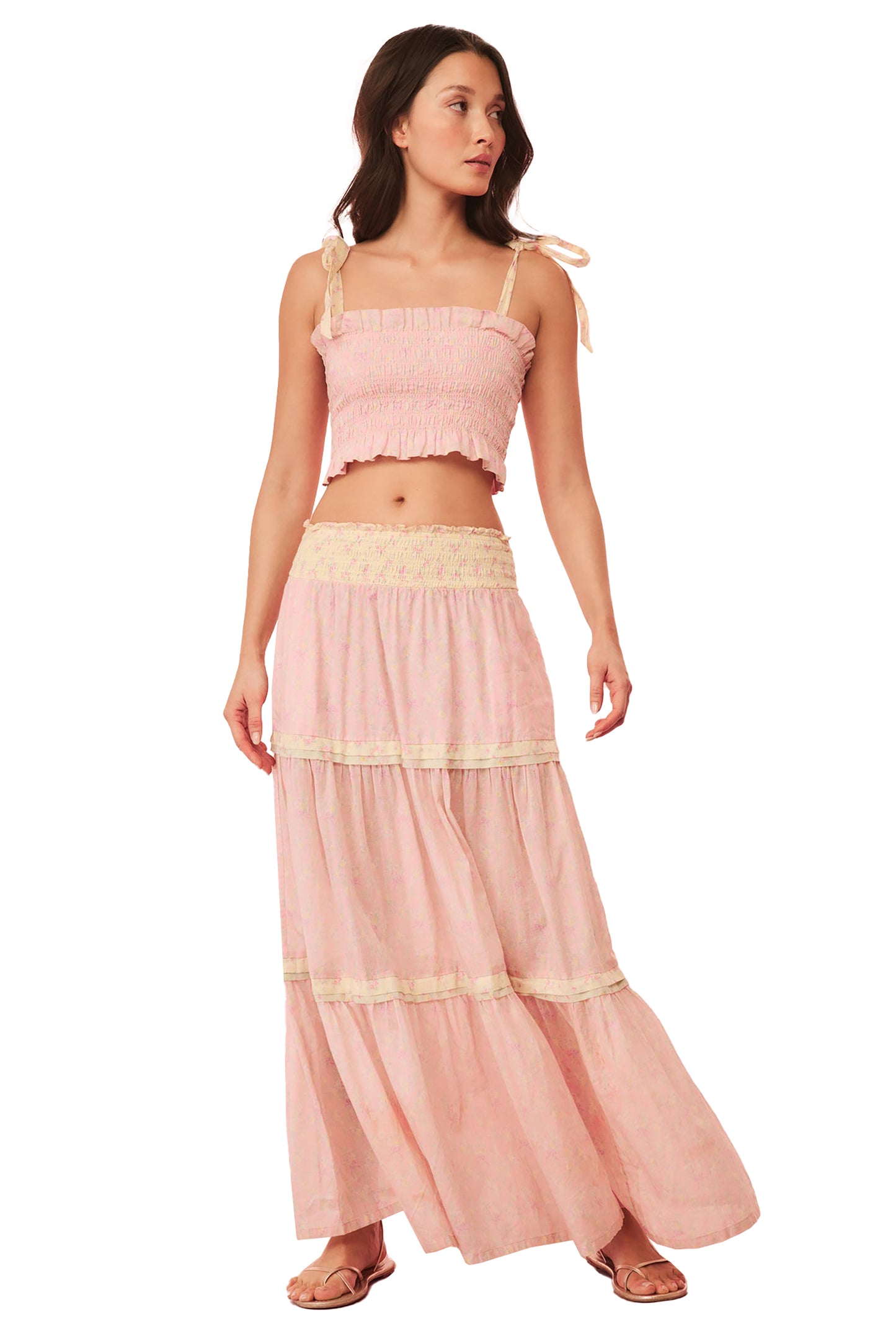 LOVESHACKFANCY Phia Cotton Mixed Print Maxi Skirt