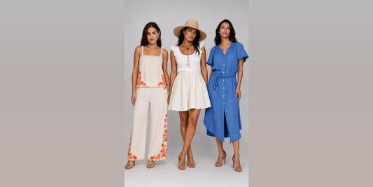 French Corner NYC August getaway packing list — three summer daytime looks styled side by side on a studio backdrop
