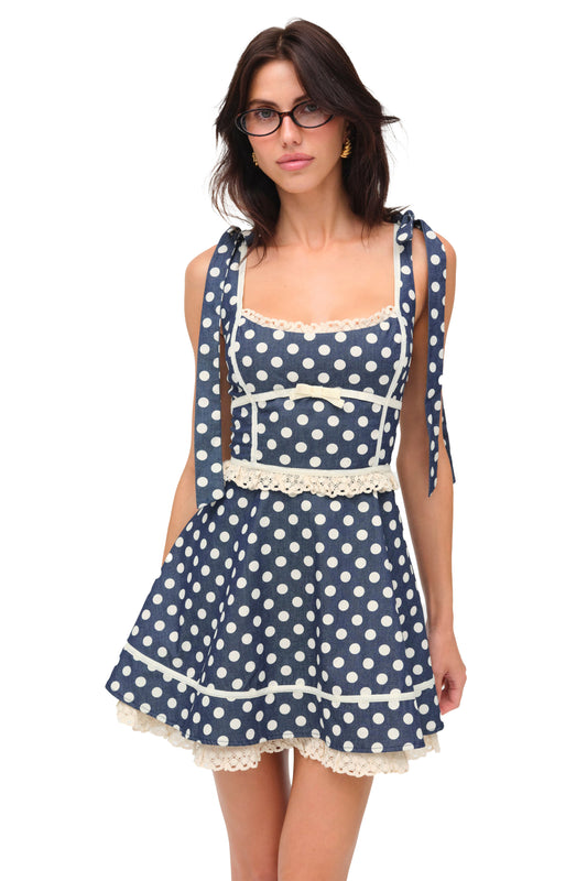 For Love & Lemons Dolly Denim Dot Mini Dress