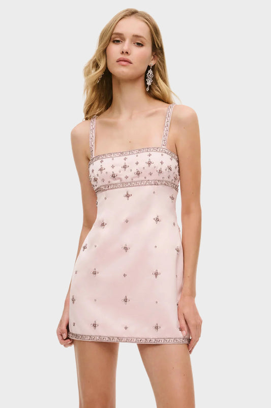LOVESHACKFANCY Rhinestone Satin Mini Dress