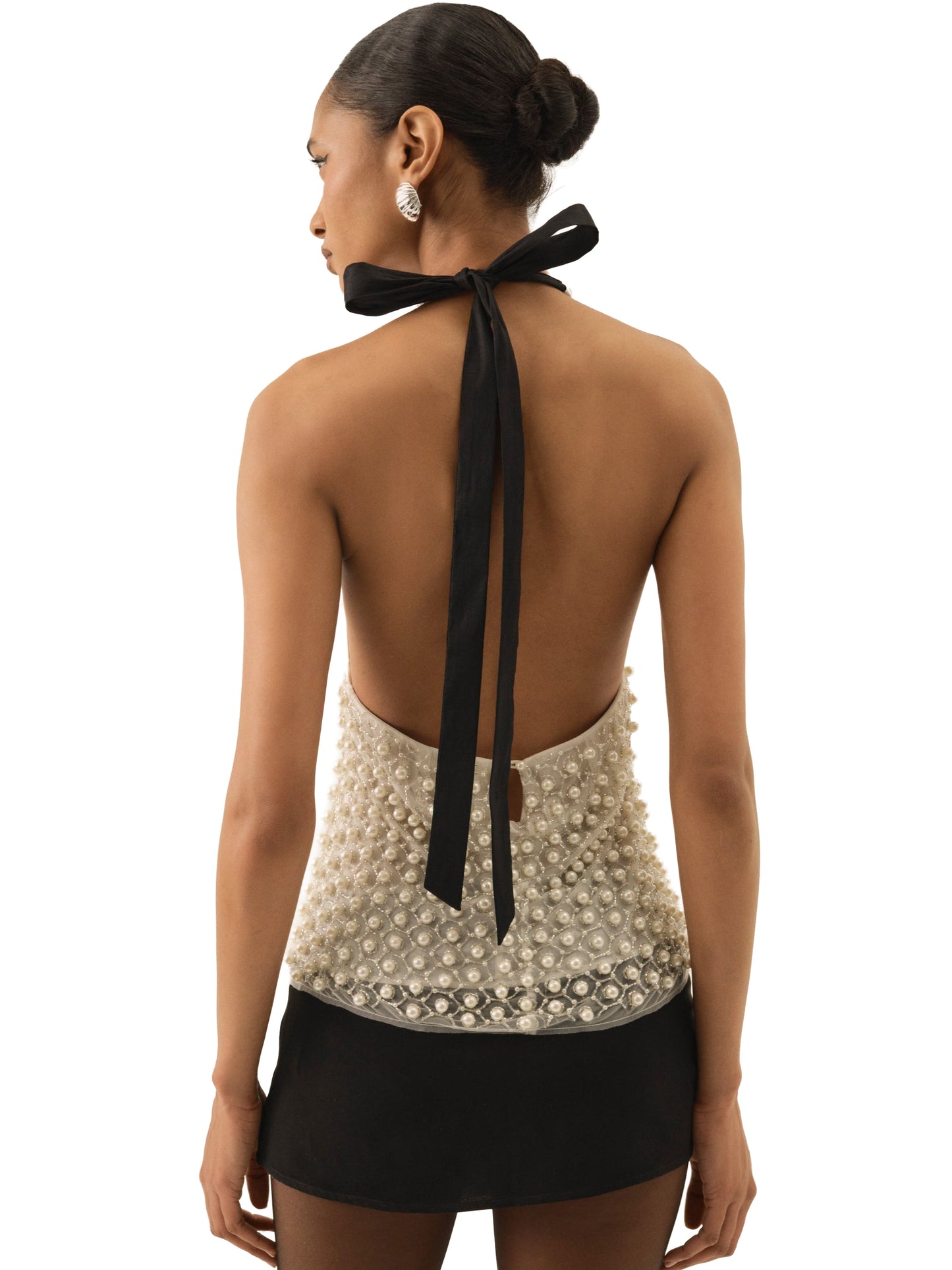 For Love & Lemons Pearly Bow Halter Top - White