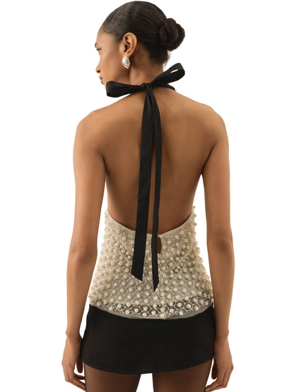 For Love & Lemons Pearly Bow Halter Top - White