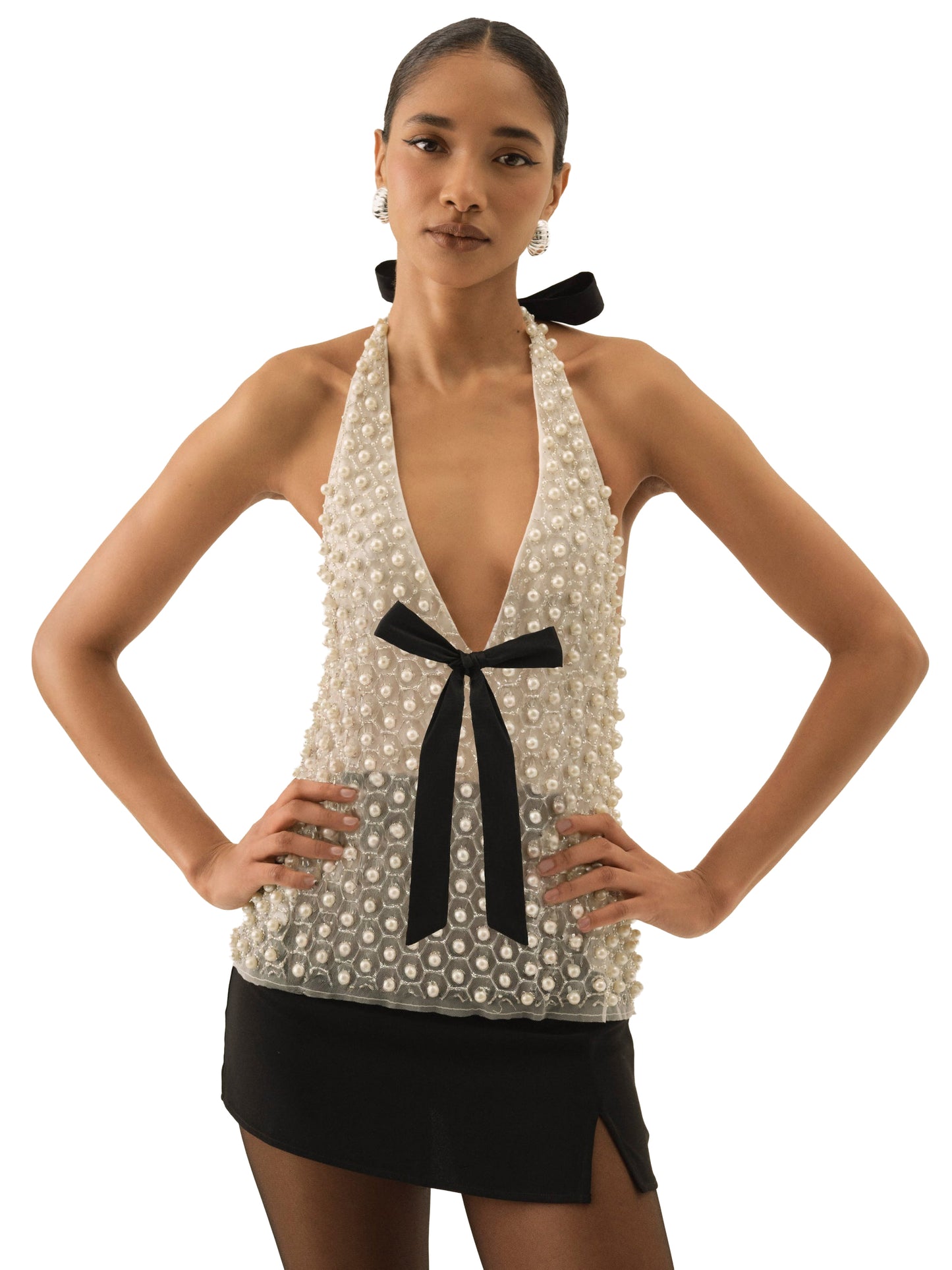 For Love & Lemons Pearly Bow Halter Top - White