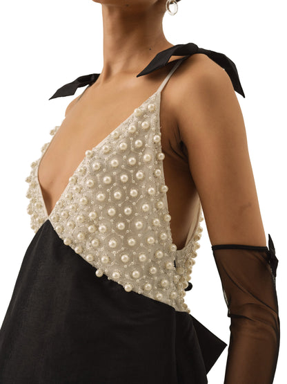 For Love & Lemons Pearly Bow Mini Dress - Black