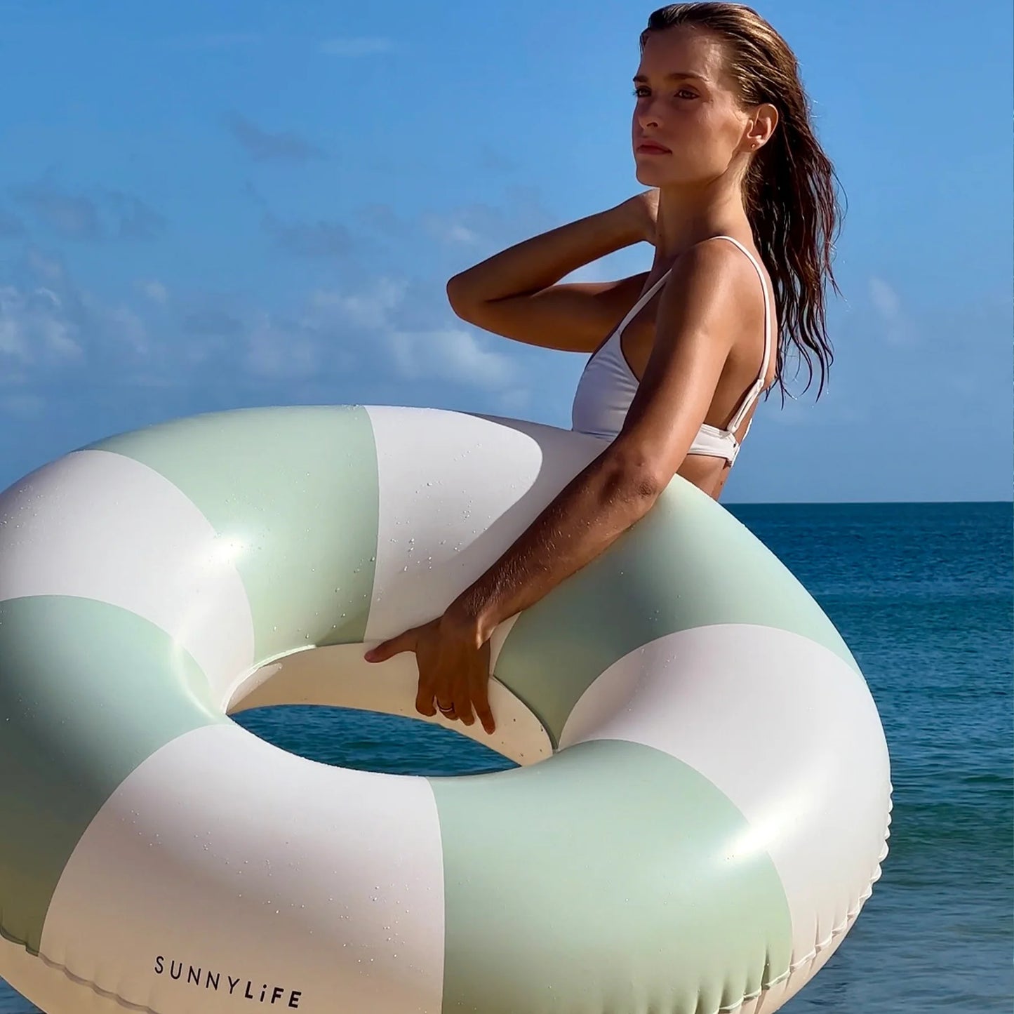 Sunnylife Tube Pool Ring - The Vocal Soft Olive Stripe