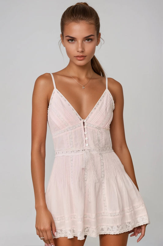 LOVESHACKFANCY Zirelle Pink Cotton Lace-Trimmed Mini Dress