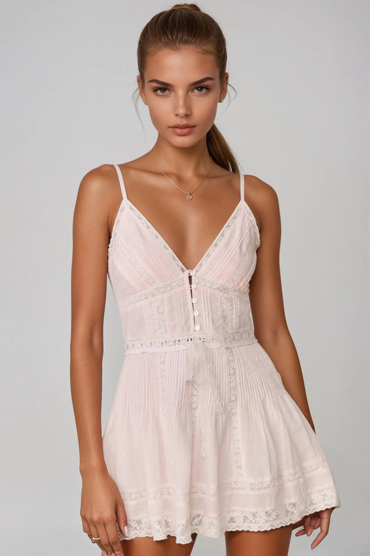 LOVESHACKFANCY Zirelle Pink Cotton Lace-Trimmed Mini Dress